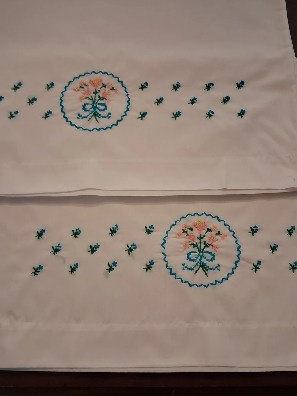 Vintage White Embroidered Pillowcases with Turquoise Flowers